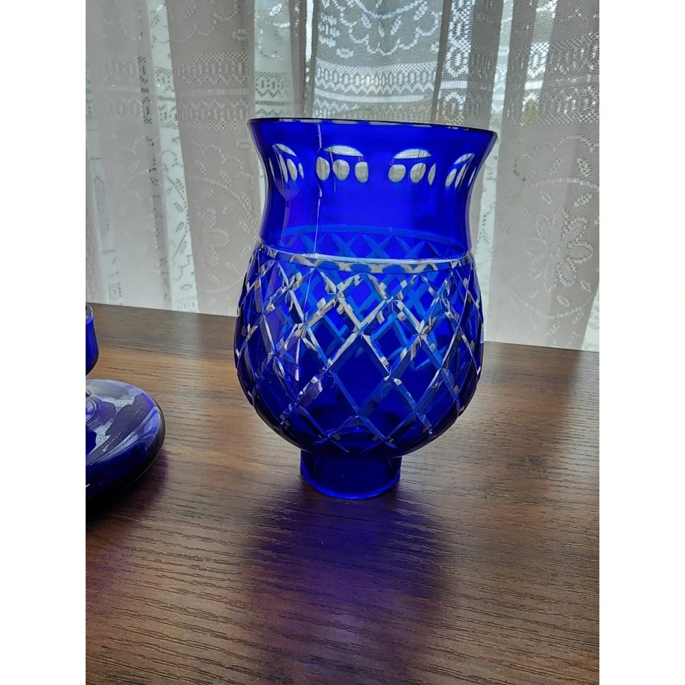 Cobalt Blue Fairy Lamp Crystal Victorian Cut Glass Hurricane Candle Cottagecore